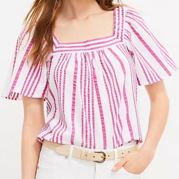 LOFT striped square neck top cotton flutter sleeves blouse Sz XL - Picture 1 of 8